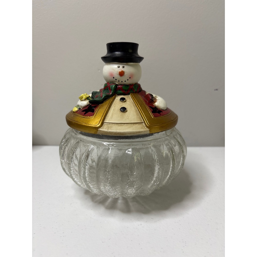 Vintage Christmas Snowman Glass Candy Dish Holiday Decoration Jar